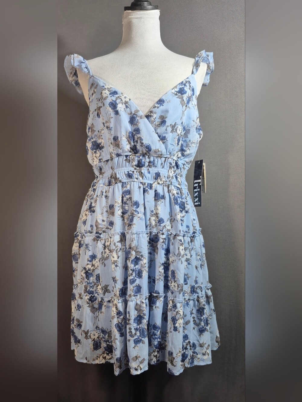 Trixxi Light Blue Floral Ruffled Strap Mini Dress NWT